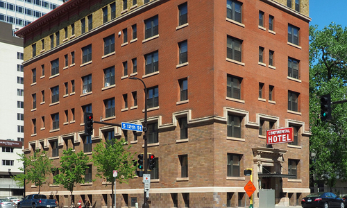 A street view of the Continental Hotel formerly known as the Ogden Apartment Hotel in Minneapolis, Minn.