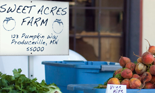 Farmers market stall with bins of celery, tomatoes and golden beets. A handwritten sign says "Sweet Acres Farm, 123 Pumpkin Way, Produceville, MN 55000."