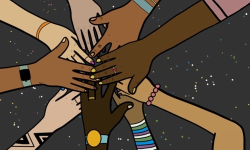 An illustration of diverse hands coming together. Hands are adorned with jewelry, tattoos, and wrinkles.