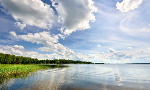 Calm lake under a big blue sky with distant clouds.