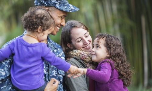 Military family with young children holding hands