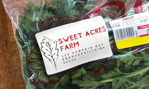 Bag of parsley with label: "Sweet Acres Farm, 123 Pumpkin Way, Produceville, MN 55000."