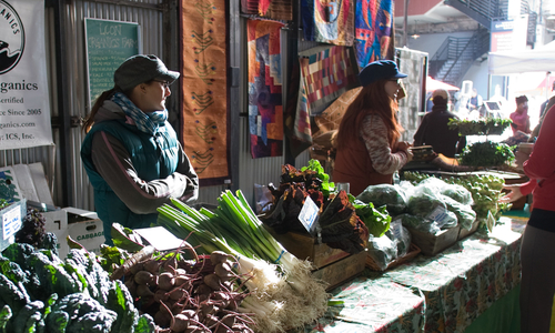 Woman selling produce at a famers market.
