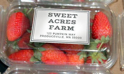 Two packages of strawberries with the label "Sweet Acre Farms, 123 Pumpkin Way, Produceville, MN 55000."