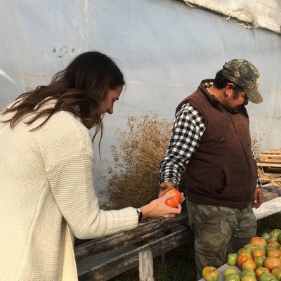 Javier Garcia and Molly Zins looking over harvested tomatoes.