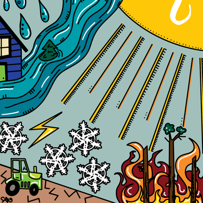 climate illustration shows all sorts of heat, flood, dry earth, lighting and rain