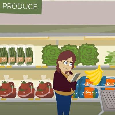 Animation of a woman with a cart holding a grocery list in the produce section of a grocery store