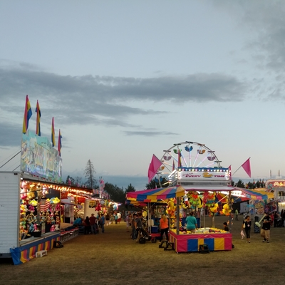 wide shot of carnival midway with ferris wheel, carousel, and games at night