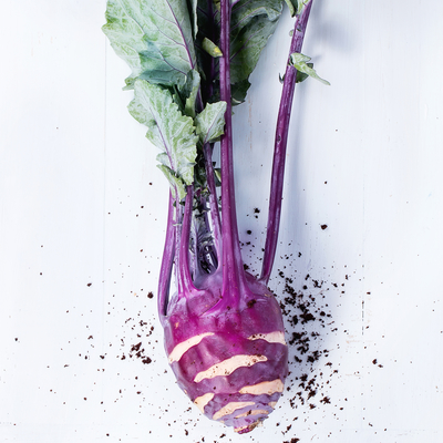 Harvested purple kohlrabi with green leaves coming out of its purple stems
