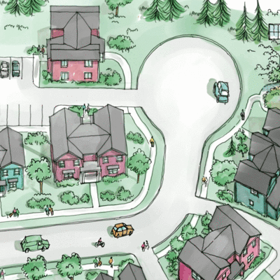 Sketch of neighborhood design for affordable housing including solar energy