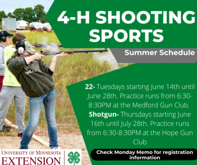 22- Tuesdays starting June 14th until June 28th. Practice runs from 6:30-8:30PM at the Medford Gun Club. Shotgun- Thursdays starting June 16th until July 28th. Practice runs from 6:30-8:30PM at the Hope Gun Club