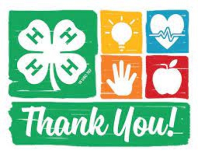 Thank You in white letter with a green background along with the 4-H clover and symbols that represent the "head, heart, hands, and health" 4-H stands for 