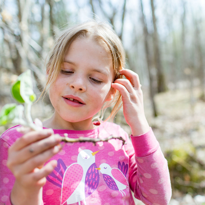 A girl in a pink shirt looking at a twig outdoors in a wooded area.