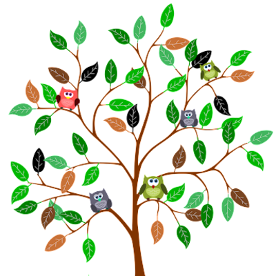 A graphic of a tree with colorful owls on the branches. 