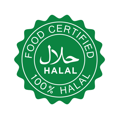 Stamp that says "food certified 100% halal"
