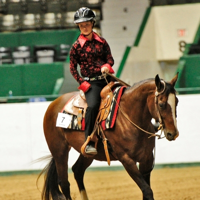 girl riding horse in show arena