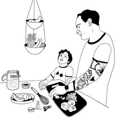 Illustration: father and boy cutting vegetables