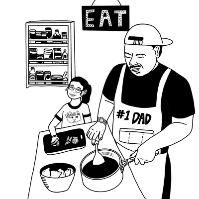 Illustration of father and daughter cooking