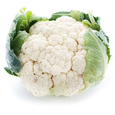 White cauliflower head with green leaves and a white background