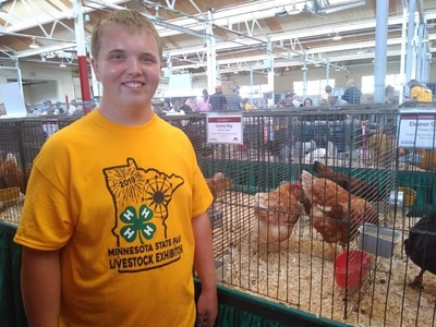Boy standing next to pen of chickens.