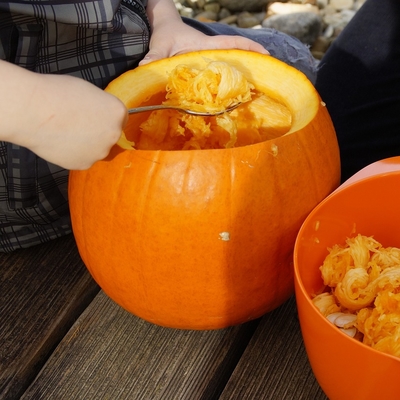 A close up of hands scooping out a pumpkin next to an orange bowl filled with the pumpkin's guts.