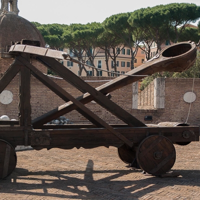 A large wooden catapult
