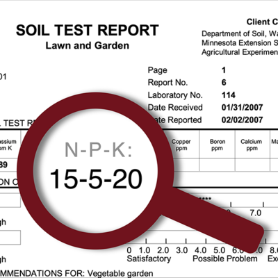 Detail of a soil test report with "N-P-K" highlighted with a looking glass.