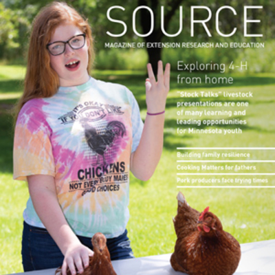 Source Fall 2020 cover; girl doing chicken demonstration