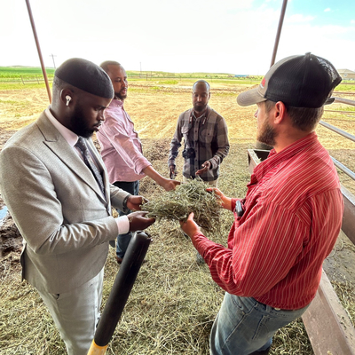 three Somali men meet with a farmer