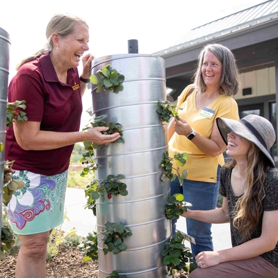 Three women look at each other and at the strawberries growing out of holes in an aluminum tower that is about their height.