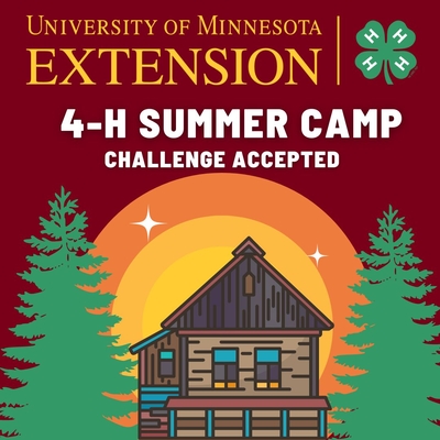 "4-H Summer Camp: Challenge Accepted," 4-H and Extension Logo, cabin, trees