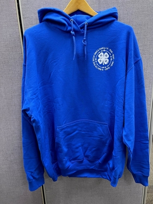 Blue hoodie sweatshirt with 4-H clover logo.