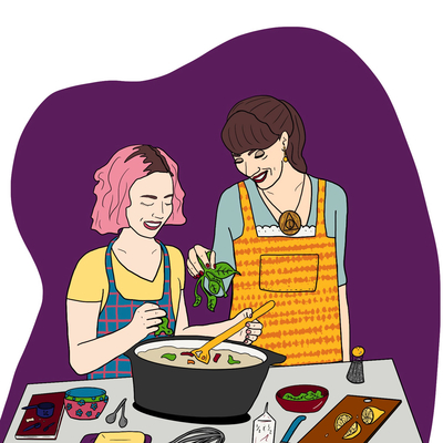 two women cooking soup illustration. One has pink hair.