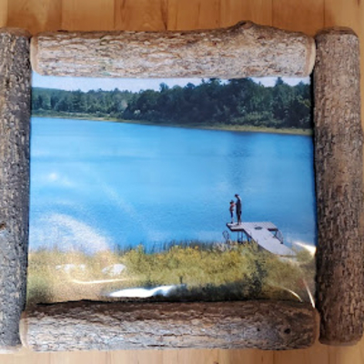 Hackberry stem picture frame of a family vacation on a lake.