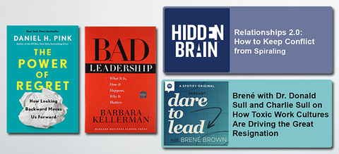 Book covers of The Power of Regret by Daniel H. Pink and Bad Leadership by Barbara Kellerman. Podcast episode thumbnails for Relationships 2.0: How to Keep Conflict from Spiraling on "Hidden Brain" and Brené with Dr. Donald Sull and Charlie Sull on ow Toxic Work Cultures Are Driving the Great Resignation on "Dare to Lead with Brené Brown."