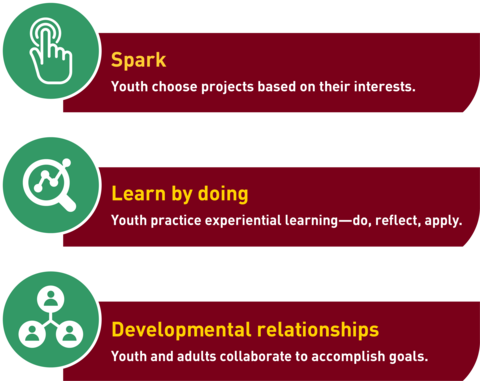 A three-section infographic. At the top is spark, youth choose projects based on their interests. The middle is learn by doing, youth practice experiential learning -- do, reflect, apply. The bottom is developmental relationships, youth and adults collaborate to accomplish goals.