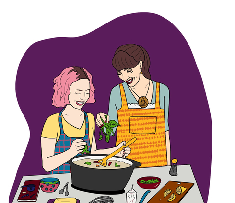 Illustration of two women cooking a pot of soup