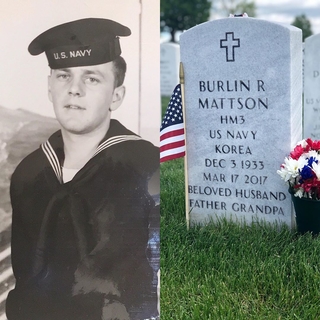 old black and white photo of navy soldier Burlin R Mattson next to color photo of his grave