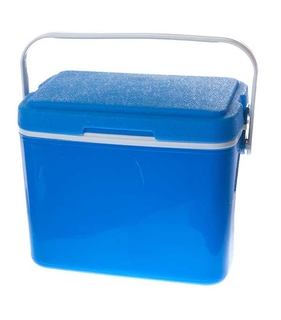 A blue food cooler with a white handle.