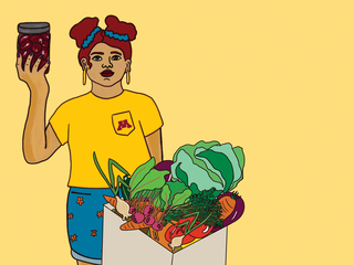 Illustration of woman holding canned food and box of fresh produce
