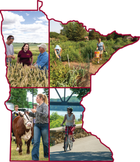 Collage in Minnesota map shows farmers and educator in wheat field, community garden, girl with beef animal, and person riding bike by a river.