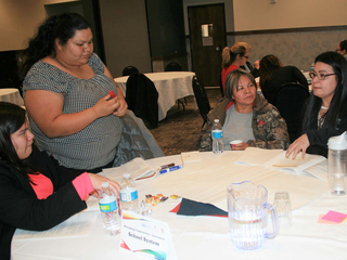 A group discussing the school system sector at a Welcoming Communities Assessment workshop.